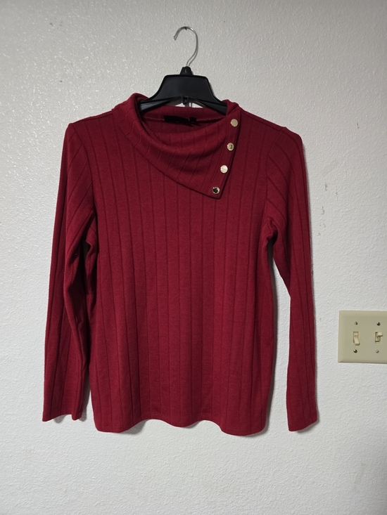 Rafaella Sweaters - Rafaella Deep Red Ribbed Knit Top with Snap-Neck Detail